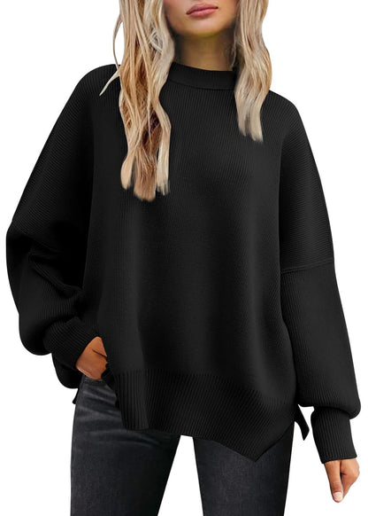 Tincini Women's Jumpers Winter Casual Crew Neck Knitted Sweaters Long Sleeve Loose Pullover with Side Slit Jumper Tops Sweatshirt (Black, S)