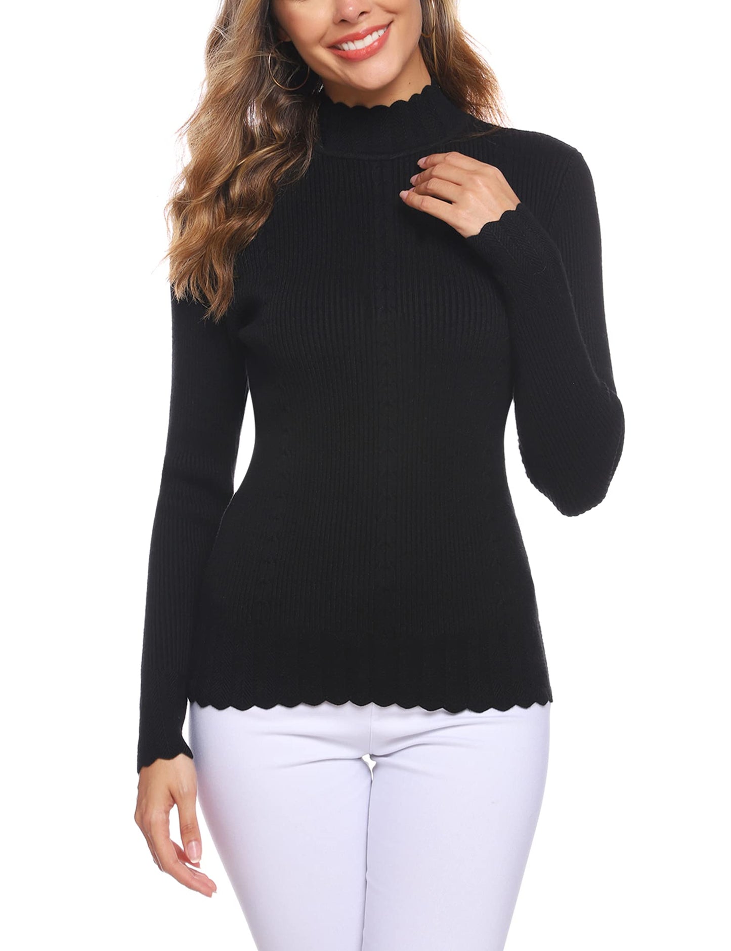 Sykooria Women's Winter Warm Knitted Pullover Turtleneck Long Sleeve Basic Simple Fashion Ribbed Sweater, Black, Small