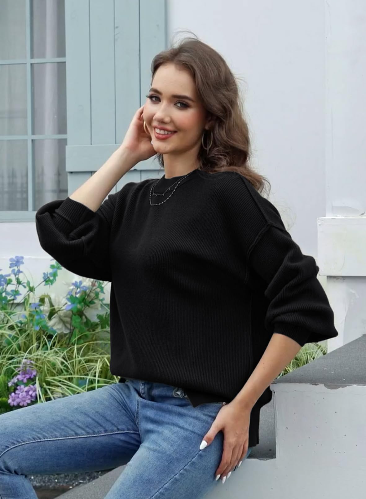 Tincini Women's Jumpers Winter Casual Crew Neck Knitted Sweaters Long Sleeve Loose Pullover with Side Slit Jumper Tops Sweatshirt (Black, S)