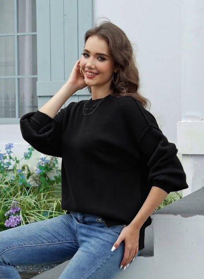 Tincini Women's Jumpers Winter Casual Crew Neck Knitted Sweaters Long Sleeve Loose Pullover with Side Slit Jumper Tops Sweatshirt (Black, S)