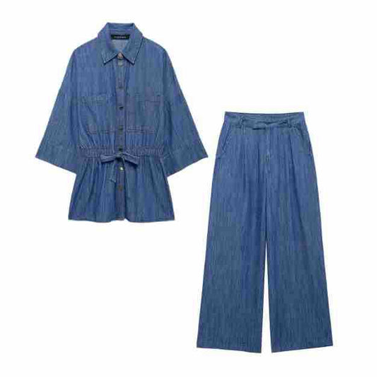 Set of denim loose casual two-piece streetwear wide leg pants for trendsetters