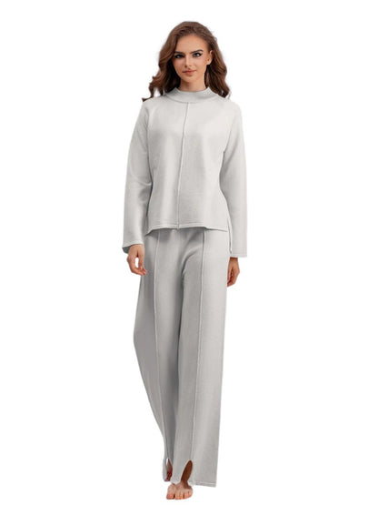 2 Pieces Set Women Knitted Tracksuit Turtleneck Sweater + Loose Slit Pants Pullover