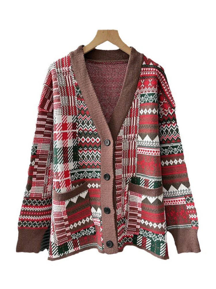 Red Colorful Christmas Cardigan Coat Women Long Sleeve Single Breasted Loose Sweater Jacket Autumn Winter New