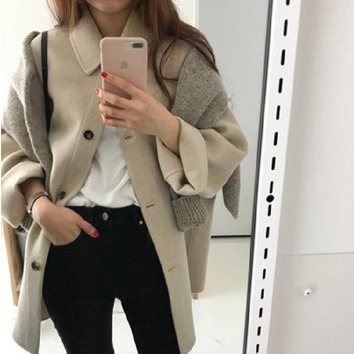 Small camel colored cashmere coat for women's spring and autumn new loose woolen coat, medium length coat