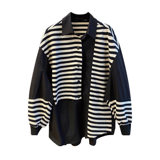 Women Clothing Patchwork Fake Two Sweatshirts Contrast Color Striped Casual Y2k Tops Fashion Korean Oversized Hoodies