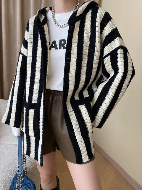 Casual Knitted Striped Cardigan For Women Hooded Contrast Color Loose Coat Fashion Winter New Clothing