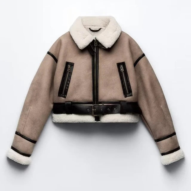 Autumn Winter Women Faux Fur Coat Patchwork Short Jacket Woman Bomber Jacket Long Sleeve Zip Up Fleece Cropped Jacket