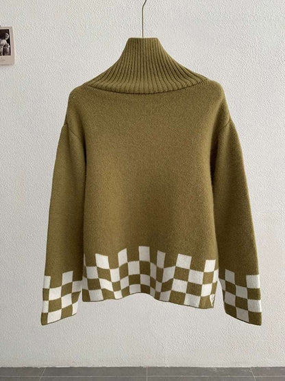 Checkered Loose Sweater For Women Autumn Winter New Turtleneck Button Long Sleeve Elastic Pullovers Knit Top