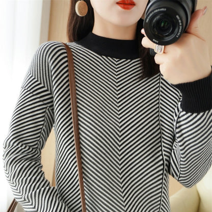 O Neck Women Striped Sweater Streetwear Knitted Pullovers Top