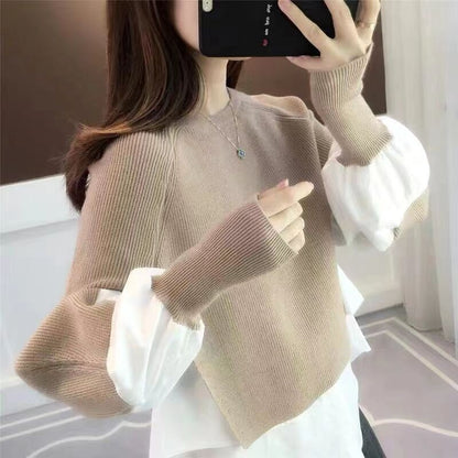 Shirt patchwork pullover sweater for women's autumn and winter vacation two-piece loose knit top, stylish lantern sleeves, versatile sweater