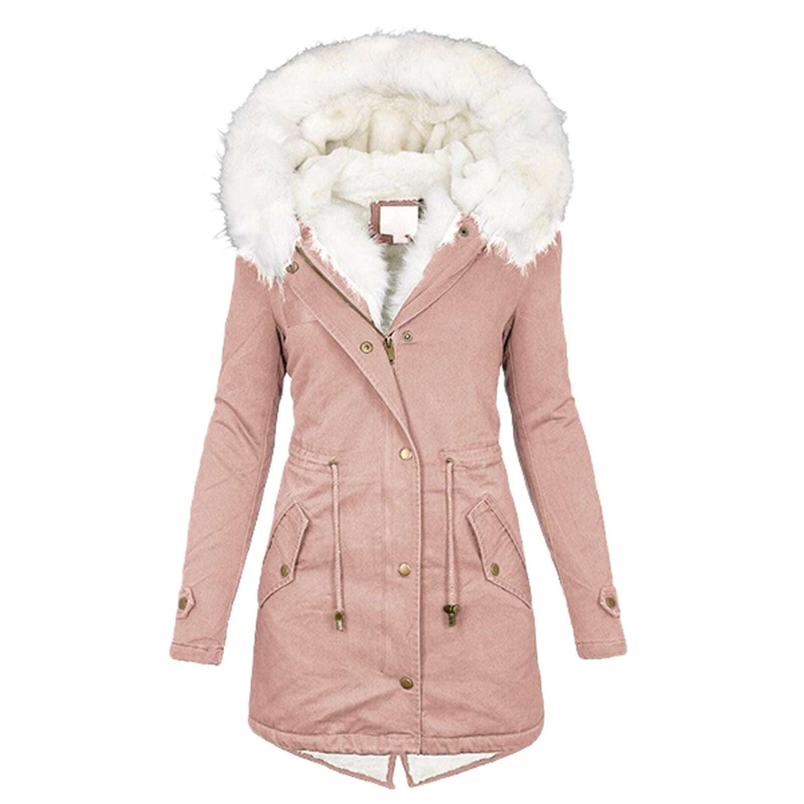 Autumn and winter mid length windbreaker with white fur collar hooded warm plush women's coat