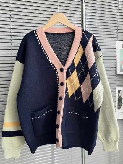 Rhomboid Plaid Big Size Knitted Sweater Cardigan Single Breasted Coat Women  Autumn Winter