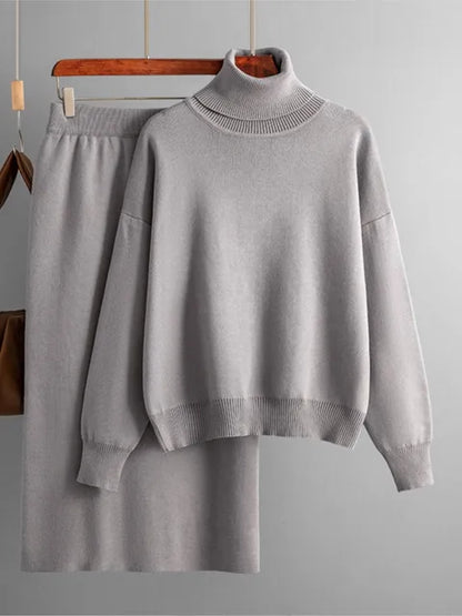 Women Loose Sweater Suits Long Sleeve Pullovers Female Knitted Midi Skirt 2 Piece Set Grey