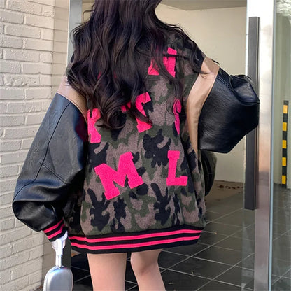 Streetwear Women Bomber Jacket Letter Embroidery Fashion Camouflage Jackets Coat PU Leather Spliced Loose Harajuku Jacket Female