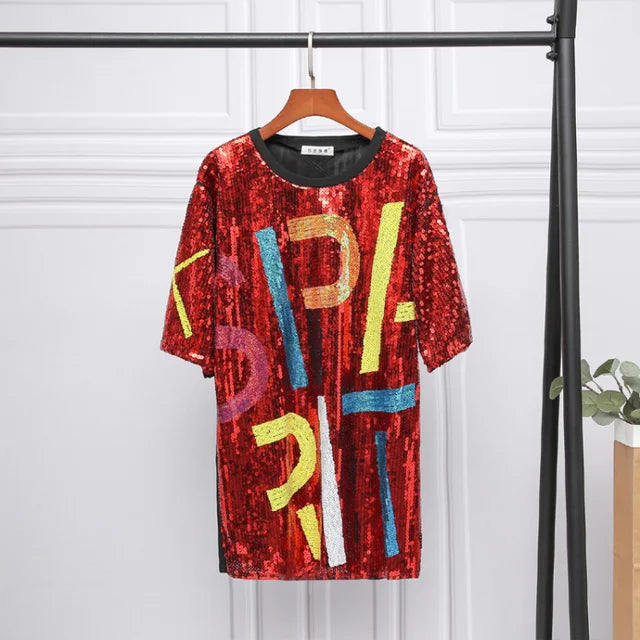 New Sequins Female Sequin Streetwear Clothing Short-Sleeved Round Neck Fashion Loose T-Shirt