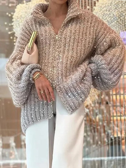 Sequins Decoration Cardigan Coat Women Lantern Sleeve Gradient Loose Fashion Winter Zip Sweater Jacket  Autumn