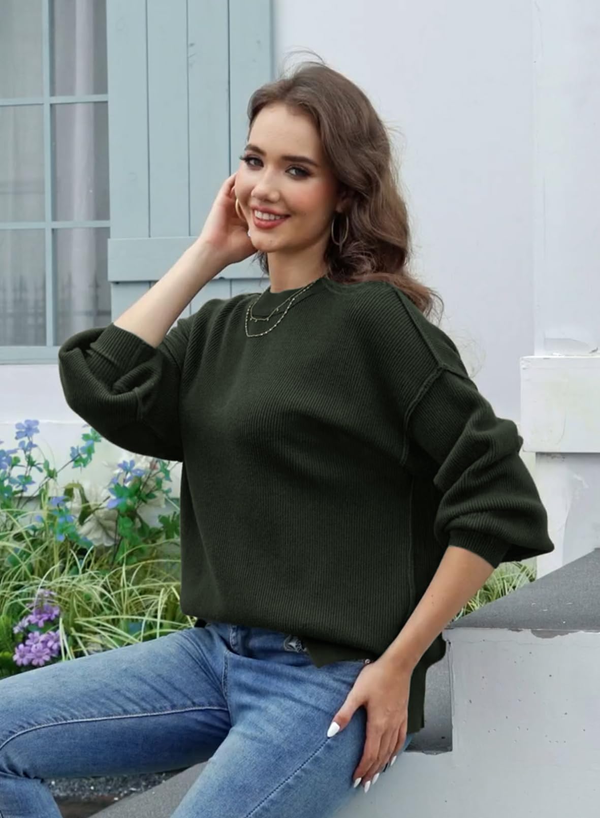 Tincini Women's Jumpers Winter Casual Crew Neck Knitted Sweaters Long Sleeve Loose Pullover with Side Slit Jumper Tops Sweatshirt (Army Green, S)