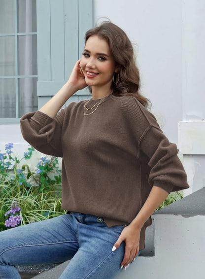 Tincini Women's Jumpers Winter Casual Crew Neck Knitted Sweaters Long Sleeve Loose Pullover with Side Slit Jumper Tops Sweatshirt (Nutmeg, S)