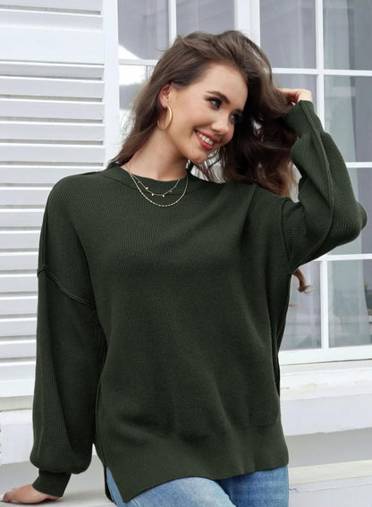 Tincini Women's Jumpers Winter Casual Crew Neck Knitted Sweaters Long Sleeve Loose Pullover with Side Slit Jumper Tops Sweatshirt (Army Green, S)