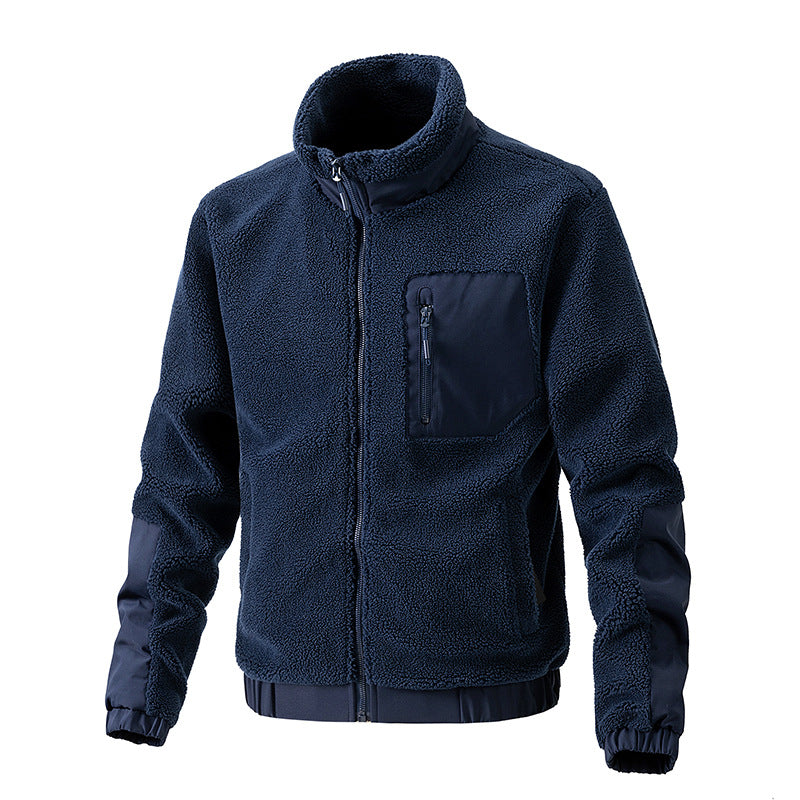 Men's stand up collar jacket with multiple pockets, fleece oversized jacket, zipper pocket men's jacket