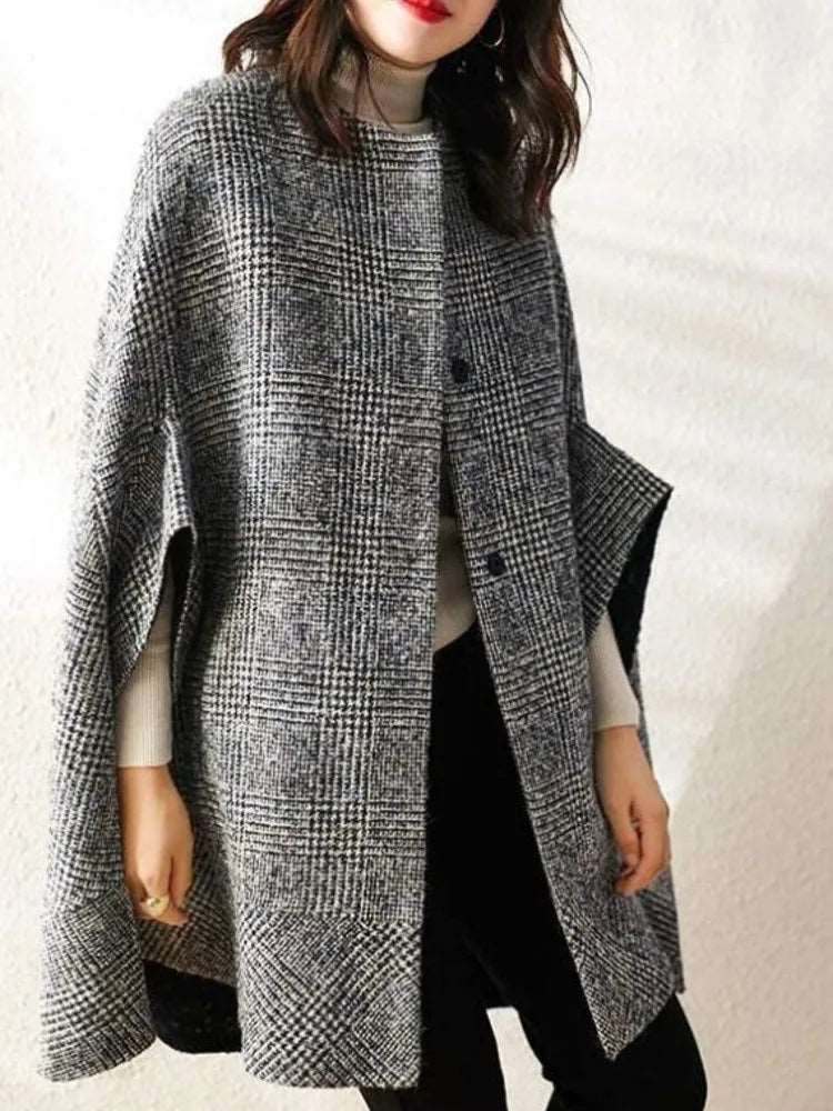 Gray Plaid Temperament Women Cape Woolen Coat Long Sleeve Fashion Single Breasted Wool Coat  Autumn Winter New