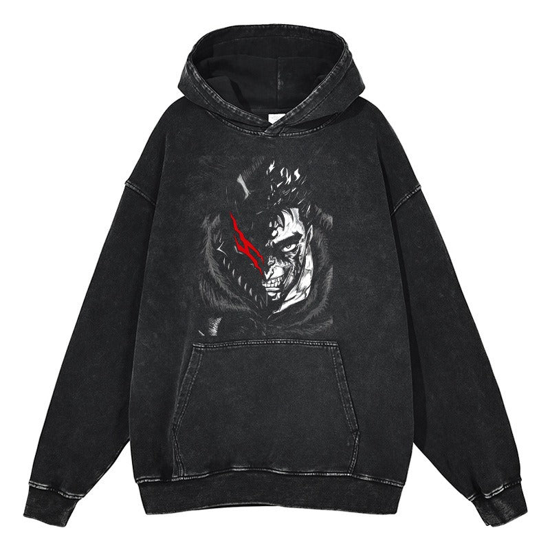 American retro washed hoodie for men and women, hip-hop sword style legendary dark print hoodie  vintage hoodie