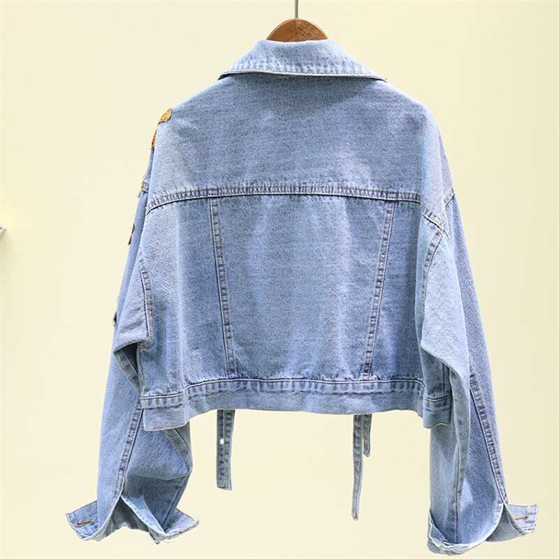 Autumn Denim Jacket Women Flowers Embroidery Sequins Jeans Coat Loose Long Sleeve Casual Student Short Clothes Streetwear H302