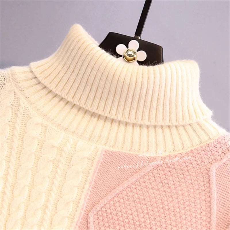 Fashion Patchwork Women Knitted Sweater  Autumn Winter Turtleneck Thick Warm Sweaters Loose Pullover Female Jumpers Tops