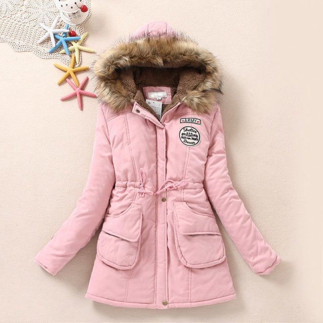 Women's military badge peach skin velvet hooded collar with waistband, plush and thick insulation, medium length cotton jacket