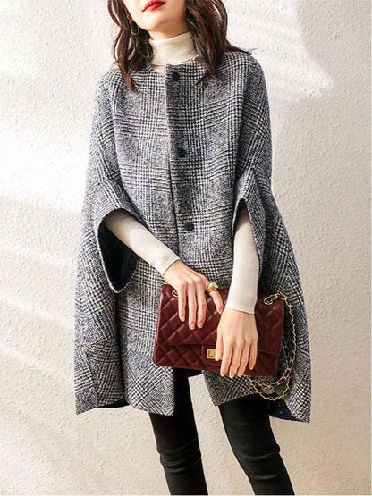 Gray Plaid Temperament Women Cape Woolen Coat Long Sleeve Fashion Single Breasted Wool Coat  Autumn Winter New