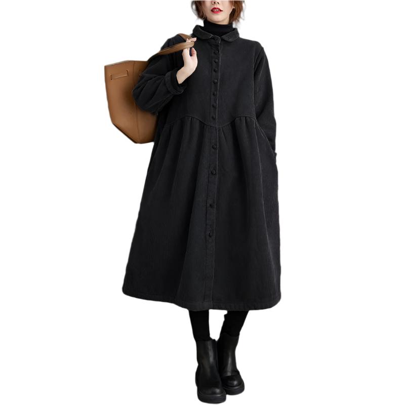 Autumn and winter new plush long sleeved retro artistic loose corduroy mid length casual coat for women