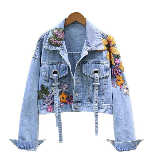 Autumn Denim Jacket Women Flowers Embroidery Sequins Jeans Coat Loose Long Sleeve Casual Student Short Clothes Streetwear H302