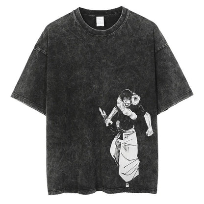 Anime Printed Streetwear Vintage Washed T-shirt Men Harajuku