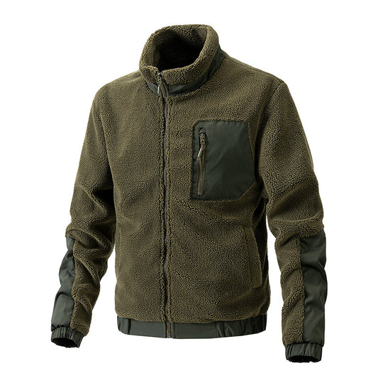 Men's stand up collar jacket with multiple pockets, fleece oversized jacket, zipper pocket men's jacket