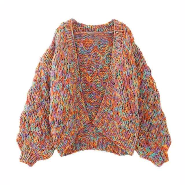 Coarse Wool Knit Cardigan Round Neck Multi-Color Rainbow Sweater For Women Needle Hand Made High Quality C-197