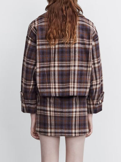 Vintage Plaid Winter Coat Women Retro Style Pockets Short Jacket Female Fashion Warm Street Outerwear