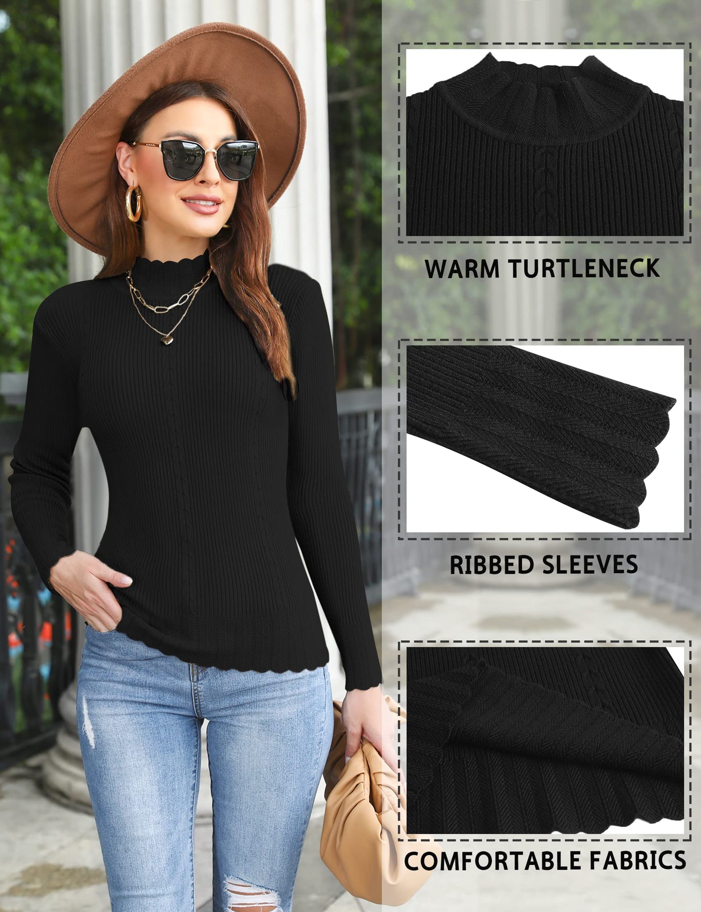 Sykooria Women's Winter Warm Knitted Pullover Turtleneck Long Sleeve Basic Simple Fashion Ribbed Sweater, Black, Small