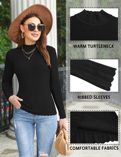 Sykooria Women's Winter Warm Knitted Pullover Turtleneck Long Sleeve Basic Simple Fashion Ribbed Sweater, Black, Large