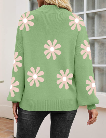 Zeagoo Long Sleeve Tops Womens Lightweight Jumpers Ladies Knitted Jumper Casual Loose Pullover Turtleneck Sweater Green-Flower L