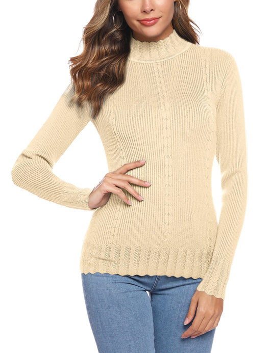 Sykooria Women's Winter Warm Knitted Pullover Turtleneck Long Sleeve Basic Simple Fashion Ribbed Sweater, Apricot, Small