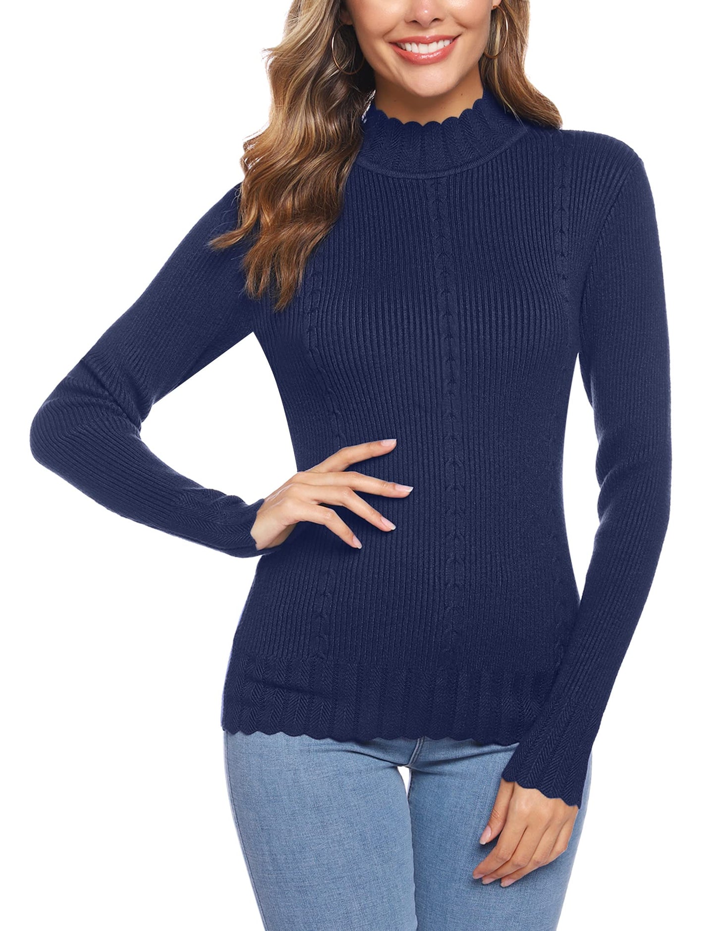 Sykooria Women's Winter Warm Knitted Pullover Turtleneck Long Sleeve Basic Simple Fashion Ribbed Sweater, Blue, Small