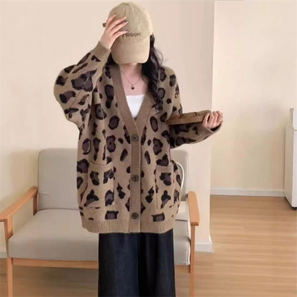 Korean version lazy style mid length leopard print cardigan women's coat