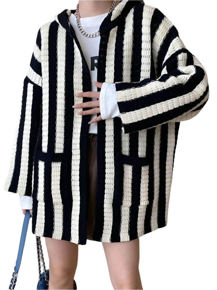 Casual Knitted Striped Cardigan For Women Hooded Contrast Color Loose Coat Fashion Winter New Clothing