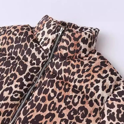 Women's leopard print stand up collar jacket cotton coat cotton jacket