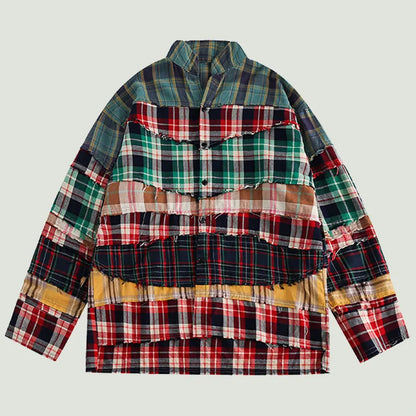 Streetwear Broken Patchwork Plaid Shirts Men Hip Hop Harajuku Retro Oversized Casual Loose Lapel Long Sleeve Shirts Coats Unisex