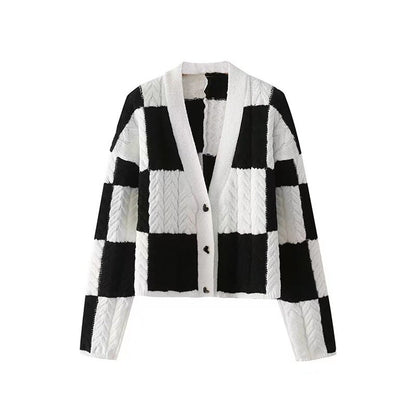 Autumn Women Casual Traf Jacket Black White Plaid Cable Knit Cardigan V Neck Button-Up Female Sweaters Crop Tops