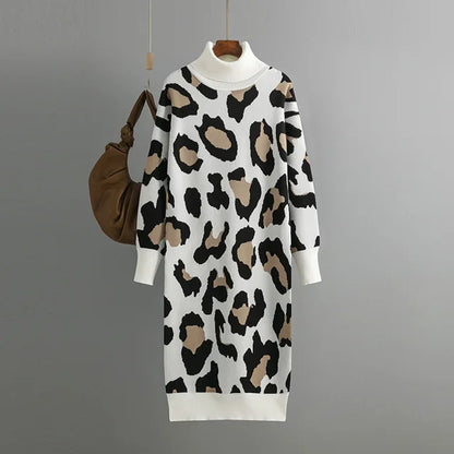 Women Dress  Autumn Turtleneck Leopard Print Loose Casual Long Knitted Dress All Match Bottoming Dresses Winter