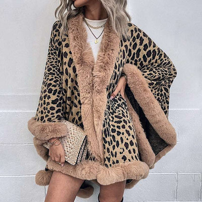 Autumn and Winter Wool Collar Cape Cardigan Leopard Cape Sweater Women