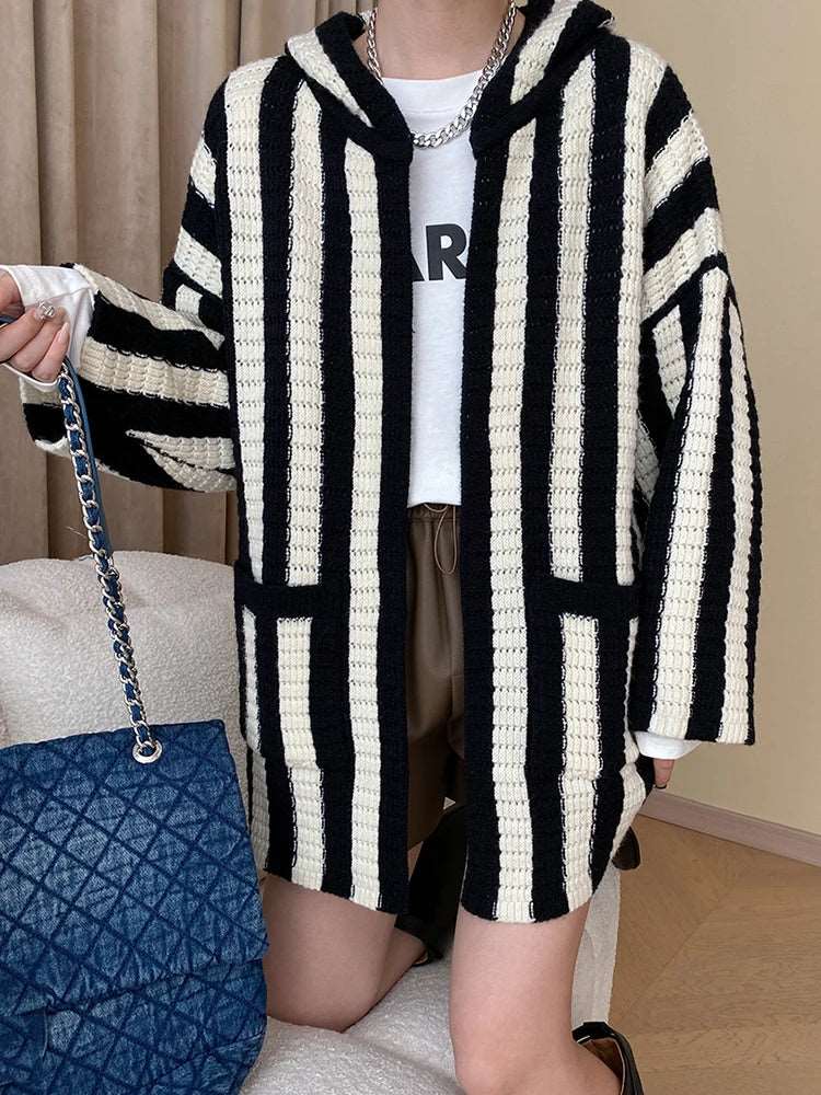 Casual Knitted Striped Cardigan For Women Hooded Contrast Color Loose Coat Fashion Winter New Clothing