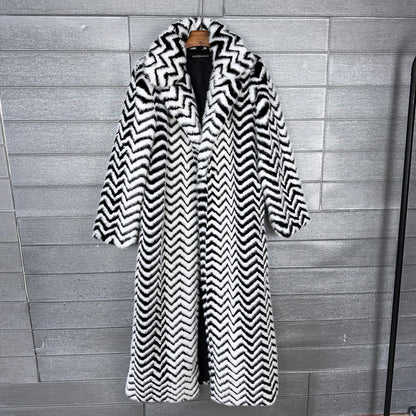 Super Long Women Faux Fur Coat Luxury Lapel Thick Warm Black White Striped Furry Women Jacket Winter Clothes Women